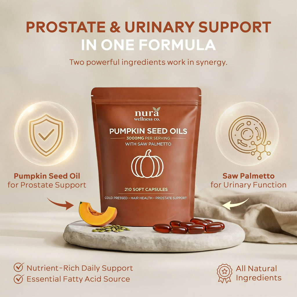 Nura Pumpkin Seed Oils pouch on a stone plinth with softgels, pumpkin and seeds, between illustrated ingredient icons