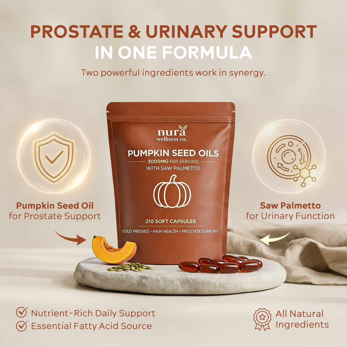 Nura Pumpkin Seed Oils pouch on a stone plinth with softgels, pumpkin and seeds, between illustrated ingredient icons