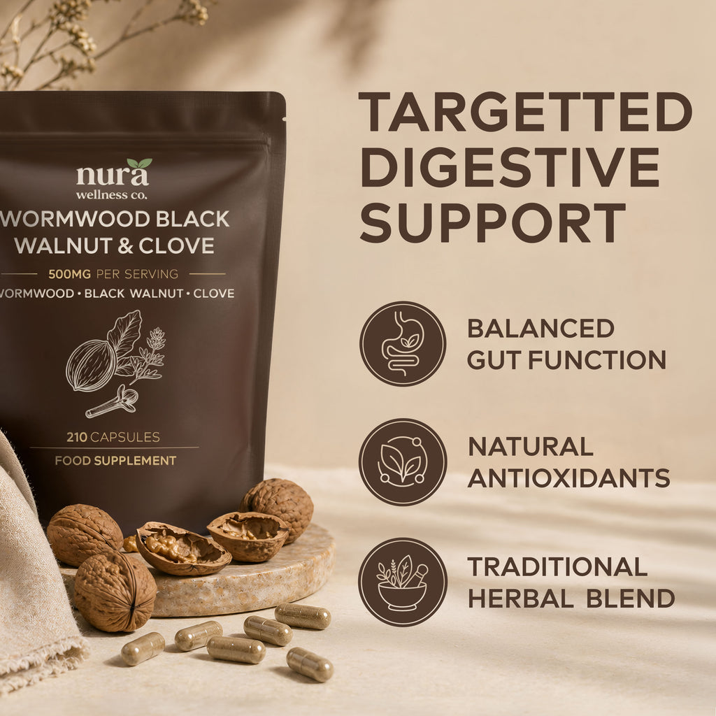 Nura Wormwood, Black Walnut & Clove pouch, 500mg per serving and 210 capsules, lying on a bed of whole walnuts and cloves