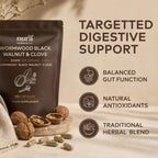 Nura Wormwood, Black Walnut & Clove pouch, 500mg per serving and 210 capsules, lying on a bed of whole walnuts and cloves