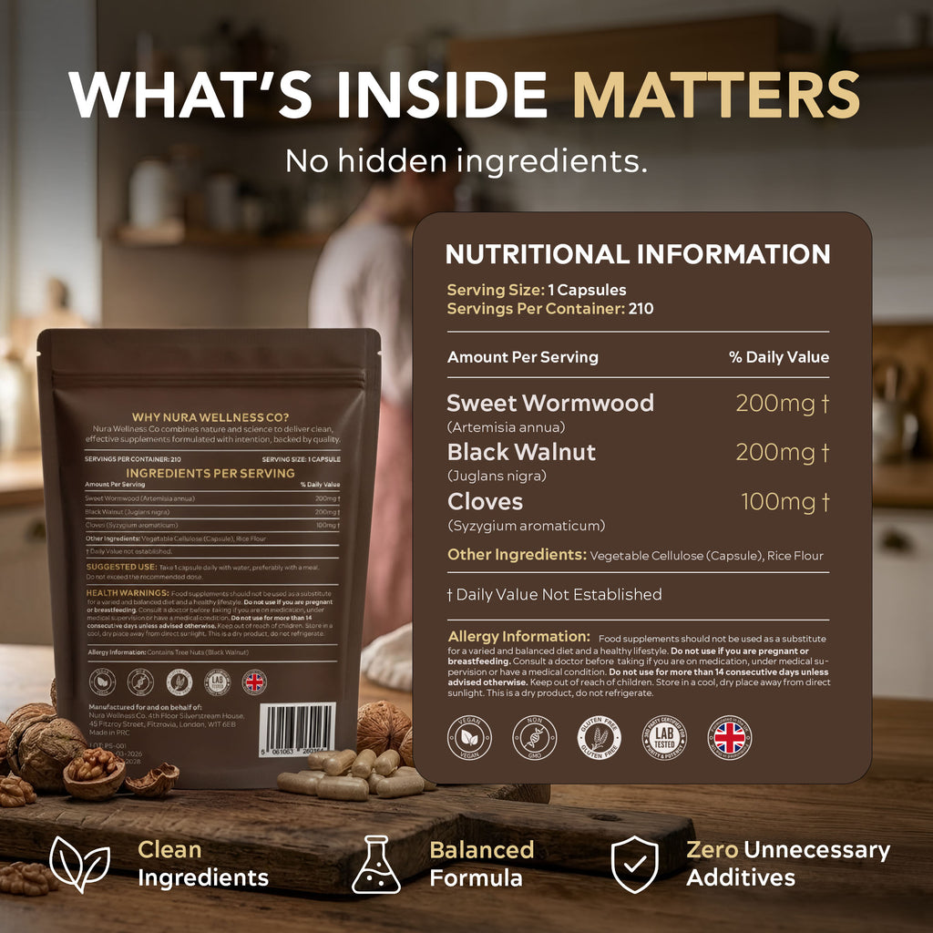 Ingredient panel for Nura Wormwood, Black Walnut & Clove: one capsule provides 200mg sweet wormwood (Artemisia annua), 200mg black walnut (Juglans nigra) and 100mg cloves (Syzygium aromaticum), with vegetable cellulose and rice flour