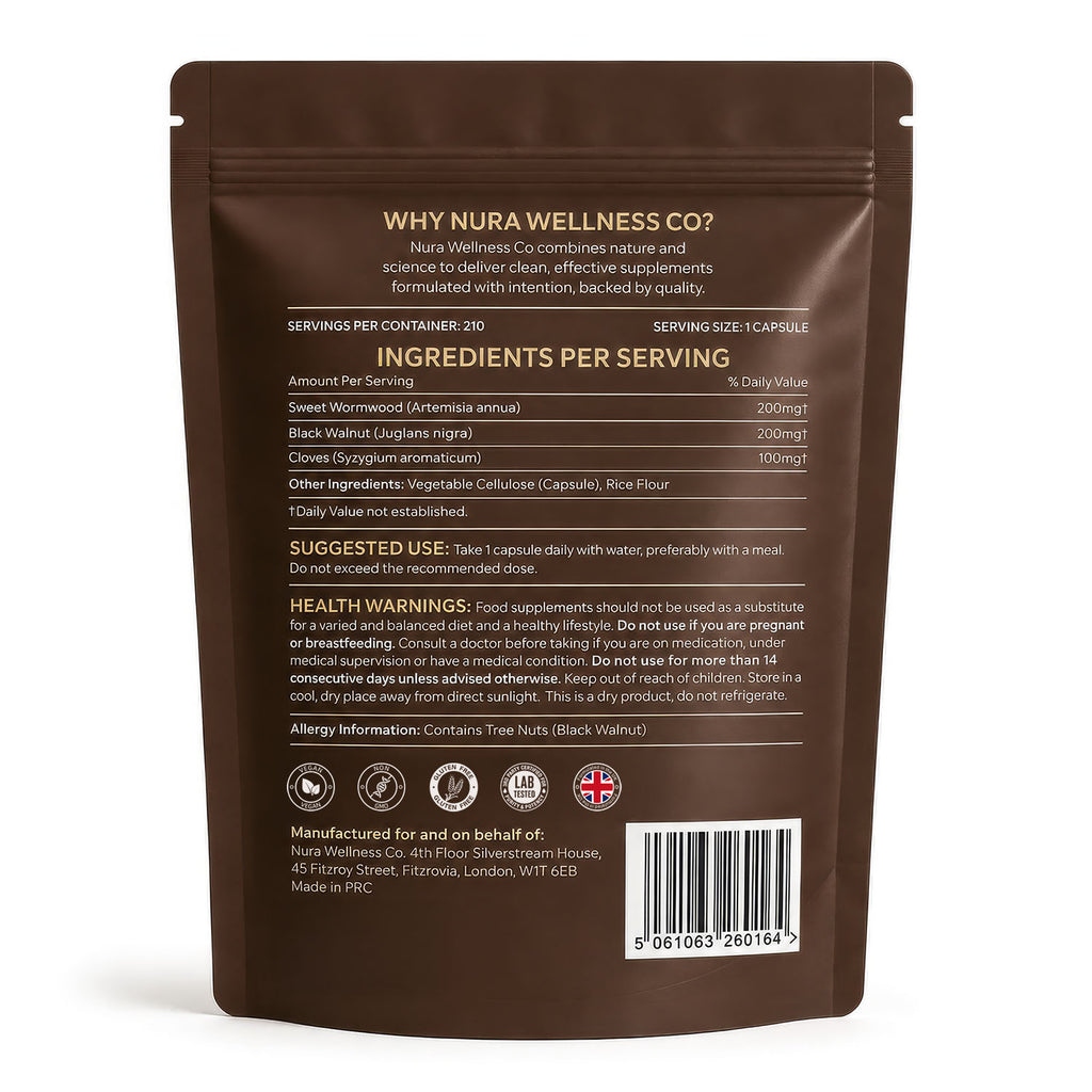 Back of the Nura Wormwood, Black Walnut & Clove Capsules pouch showing ingredients and per-capsule quantities: 200mg sweet wormwood, 200mg black walnut, 100mg clove